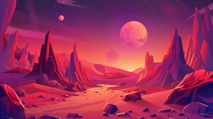Aliens on space planet. Mars with moon and sun scenery. Red martian surface with sand. Character from cosmic game.