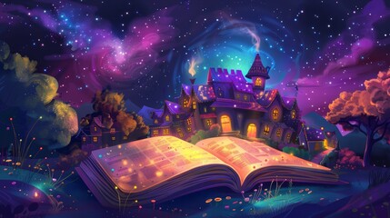 A kid reading fairy tale about kingdom of the fairies. Fantasy medieval wizard house legend at night with sparkles.