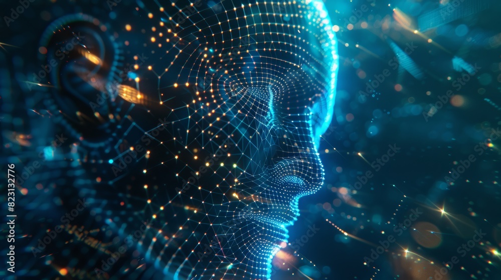 Poster the abstract face of artificial intelligence consists of glowing dots or particles. the robot's head