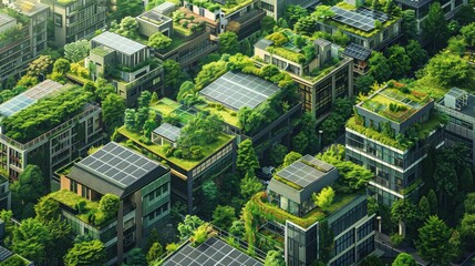 green cityscape with buildings featuring rooftop gardens and solar panels