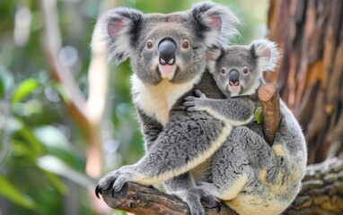 A Mother Koala's Tender Embrace with her Baby on Back