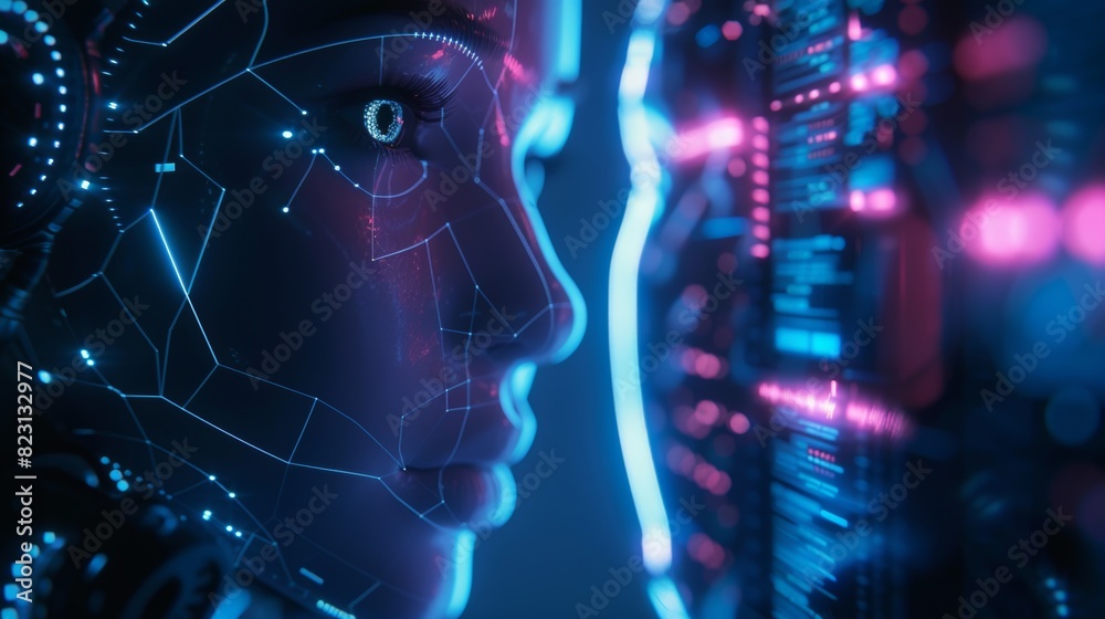 Poster robot or cyborg looking at virtual hud interface. machine learning concept. technological frame to d