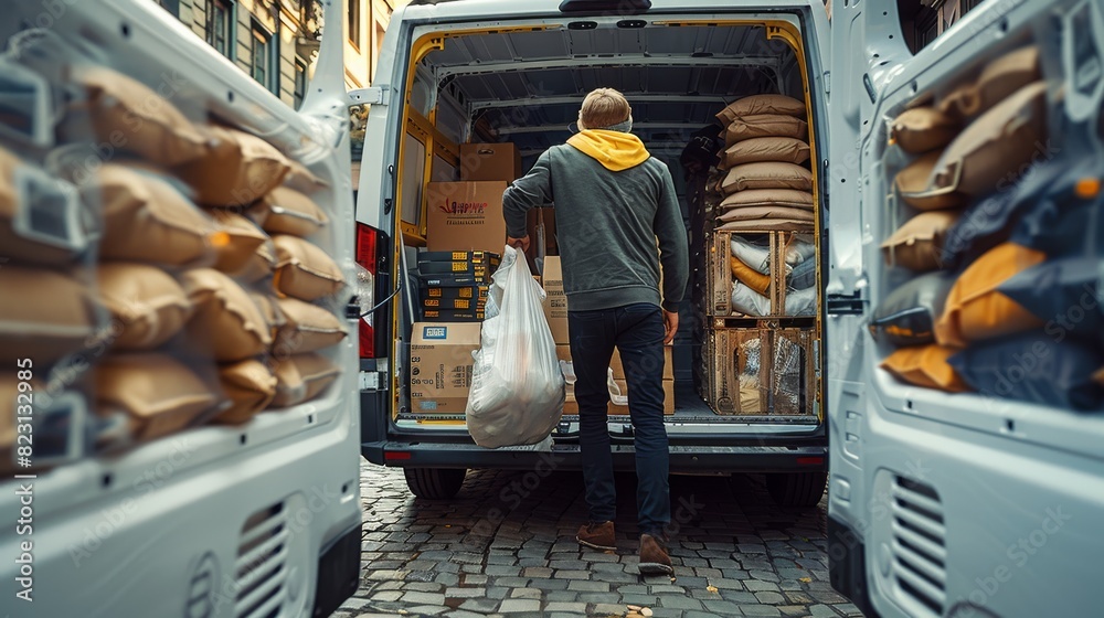 Poster A person unloading poly bags filled with tee shirts from the back of an open van, set in front of a delivery van which has poly mailers bags stacked inside. summer time and bright. Generative AI.