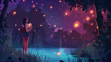 Animated modern illustration of a teenage girl holding a magic book that is floating in the air. A colorful night forest scene with neon glowing trees. Reading hobby, education concept.