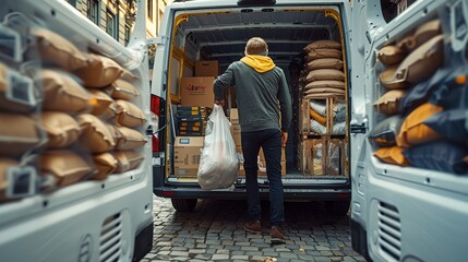 A person unloading poly bags filled with tee shirts from the back of an open van, set in front of a delivery van which has poly mailers bags stacked inside. summer time and bright. Generative AI.