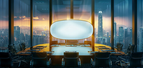 Boardroom strategy review focused on a compact oval blank TV screen with a cityscape backdrop.