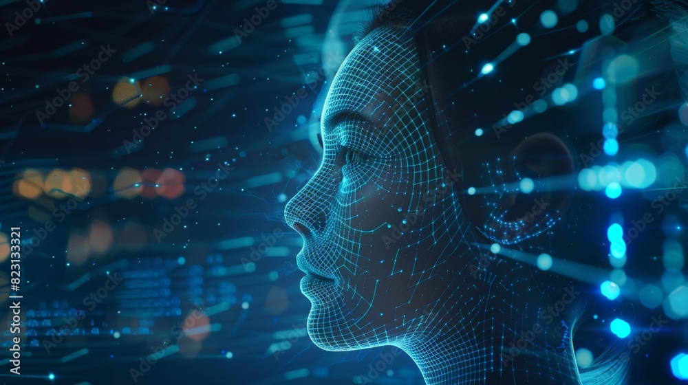Poster ai image cybernetic anthropomorphic woman working with matrix data on a virtual interface. artificia