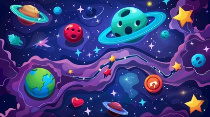 Cartoon space background with stars, route between fantasy alien planets, score stars and lock icons, app user interface design for astronaut adventure arcade game.