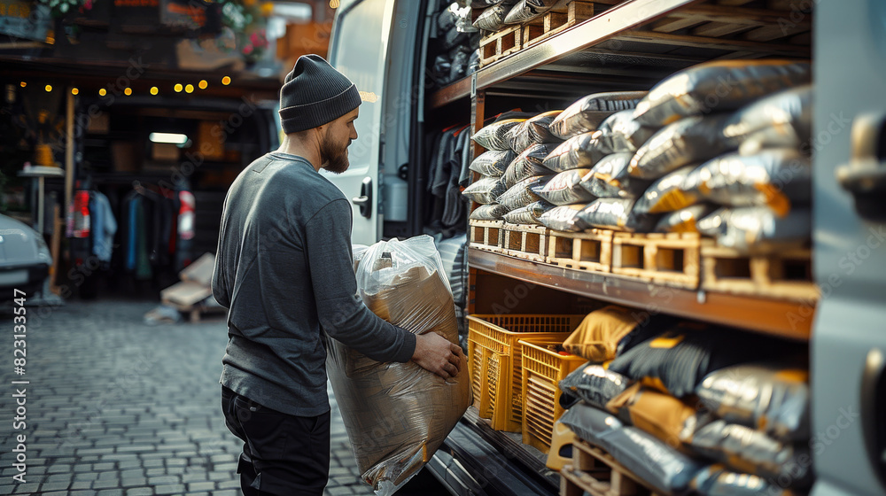 Poster A person unloading poly bags filled with tee shirts from the back of an open van, set in front of a delivery van which has poly mailers bags stacked inside. summer time and bright. Generative AI.