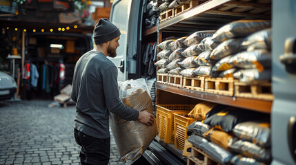 A person unloading poly bags filled with tee shirts from the back of an open van, set in front of a delivery van which has poly mailers bags stacked inside. summer time and bright. Generative AI.