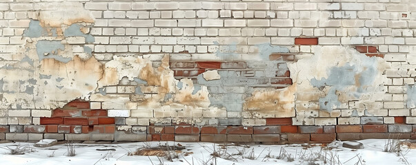 Old brick wall with peeling paint and snow-covered ground.