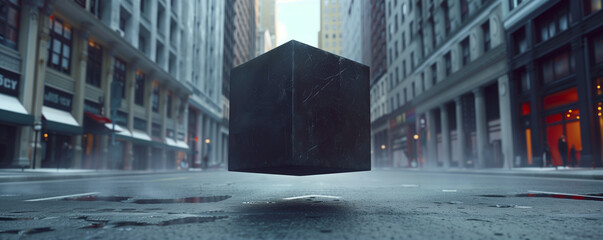 Floating cube in a deserted misty city street.