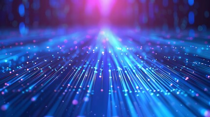 Traffic of digital light on an optical cable. High speed data transfer on optical fibers. Abstract background with quantum beams of internet data on optical fibres.
