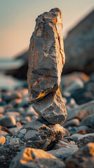 Balancing rocks creating a natural sculpture on a rocky beach with soft, warm lighting.