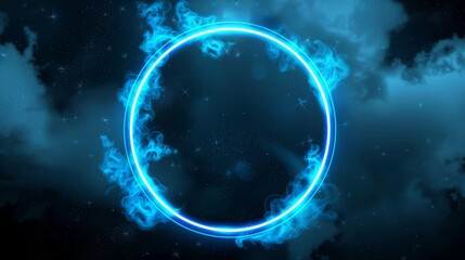 Modern illustration of neon blue circle in sparkling cloud of smoke. Milky way stars in night sky. Illuminated led border with abstract stardust mist.