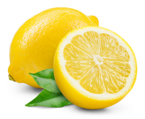 Lemon fruit with leaf isolated png. Lemons half and a whole with leaves on transparent background. PNG format. Lemon no background. Full depth of field.