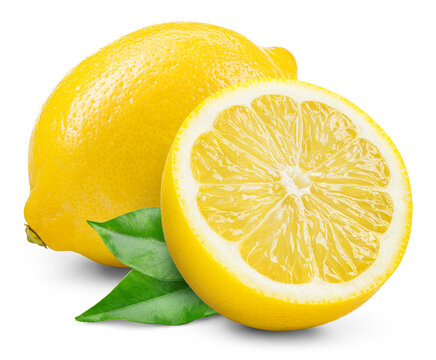 Lemon fruit with leaf isolated png. Lemons half and a whole with leaves on transparent background. PNG format. Lemon no background. Full depth of field.