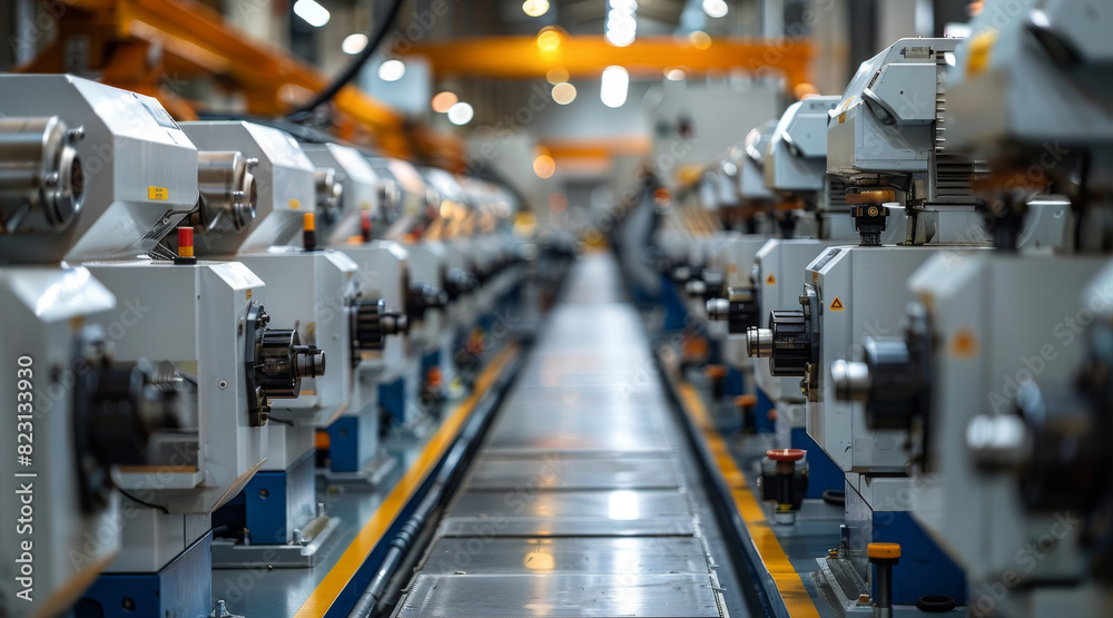 Poster Many CNC machines arranged in one big and bright workshop, lots of CNC machines in two rows. Generative AI.