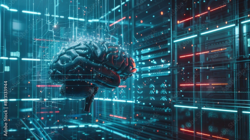 Poster animated concept of a superhuman or a big artificial brain with artificial intelligence. artificial 