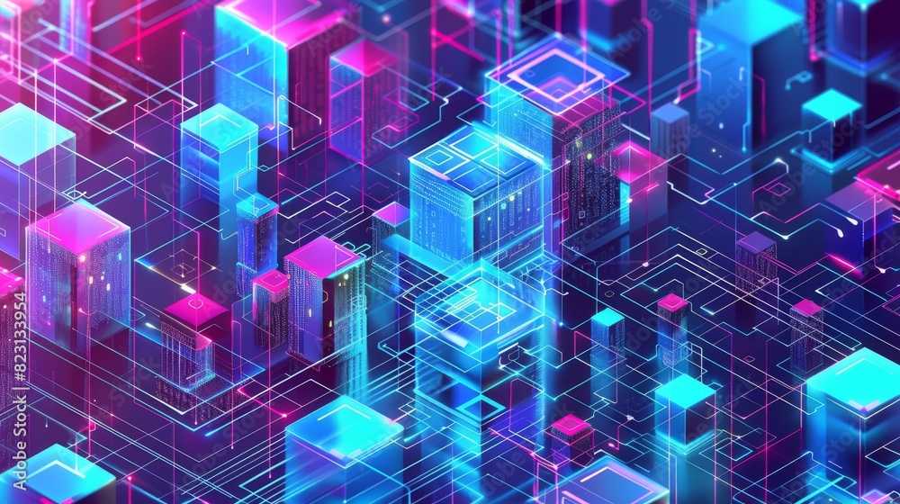 Poster isometric blockchain technology concept banner. cryptocurrency mining and security internet storage.