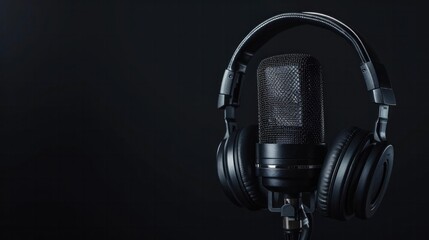 A Black studio microphone with studio headphones on black background. Podcast audio