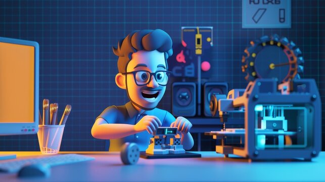 This 3D character shows a smiling man using a 3D printer in a 3D printing tutorial at a screen PC. This isolated cartoon depicts a clever engineer teaching computer modelling, 3D printing. A tech