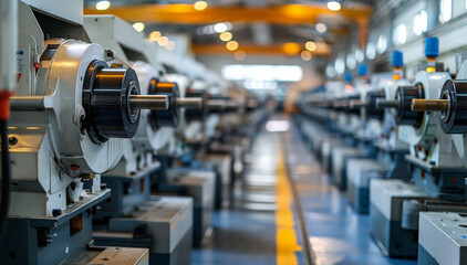 Many CNC machines arranged in one big and bright workshop, lots of CNC machines in two rows. Generative AI.