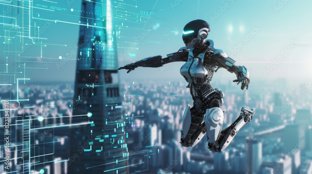 Poster Cyborg woman in superhero iron suit taking off from futuristic city with jetpack rocket engine. Robotic woman soars above the city in superhero iron suit.