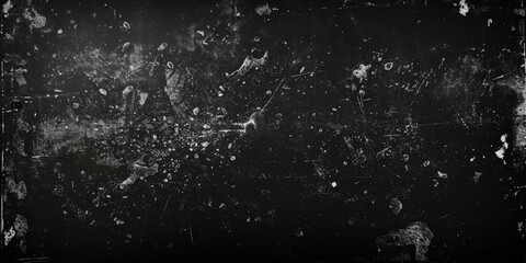 Black background with dust and scratches, dark, texture. Black and white grunge texture background, rough grainy distressed smudged effect. banner