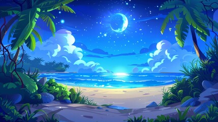 A sandy night beach on a summer island in the sea. Cartoon illustration of a seaside landscape with palm trees, lianas, green grass, ocean waves washing the coast, and a moonlit sky with stars and a