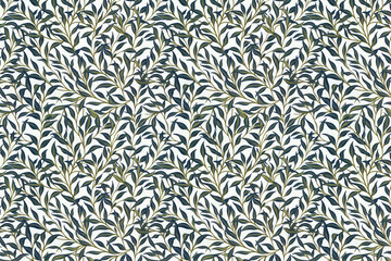 Willow leaves pattern tapestry. Arts and Crafts. Vintage botanical wallpaper pattern. Background image. Created with Generative AI technology