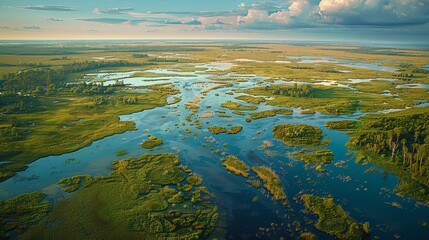 An aerial view of a wetland conservation area, showcasing its importance for migratory birds - Powered by Adobe
