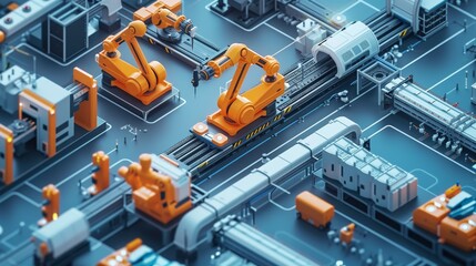 Fototapeta premium An imaginative depiction of robotic arms performing maintenance on an urban transit system in a detailed futuristic cityscape