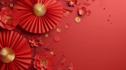 An oriental background with paper fans and flowers. Realistic modern illustration of traditional decorations for congratulating or promoting the Chinese New Year.