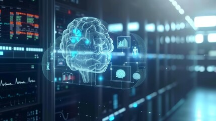 Obraz premium Conceptual graphics of neural network and brain analytics with overlays of graphs and data, for educational or tech use.