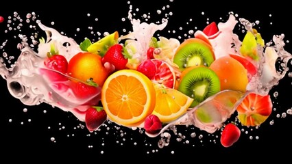 A collection of mixed fruit falling into a juice splash