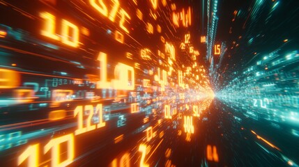 Fototapeta premium Dynamic scene of rushing through a tunnel made of bright orange digital data, symbolizing fast digital communication and connectivity.