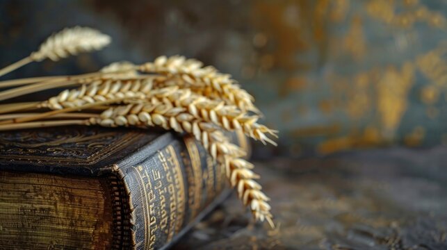 A ears of barley on closed holy bible book with golden text on dark background. A close-up