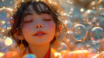 A joyful 3D cartoon character blowing bubbles in the air, surrounded by a shimmering rainbow