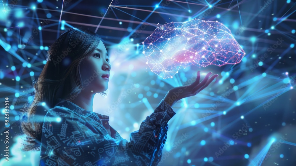 Poster an ai robot woman holds in her palm digital data from an internet cloud storage service. ai technolo