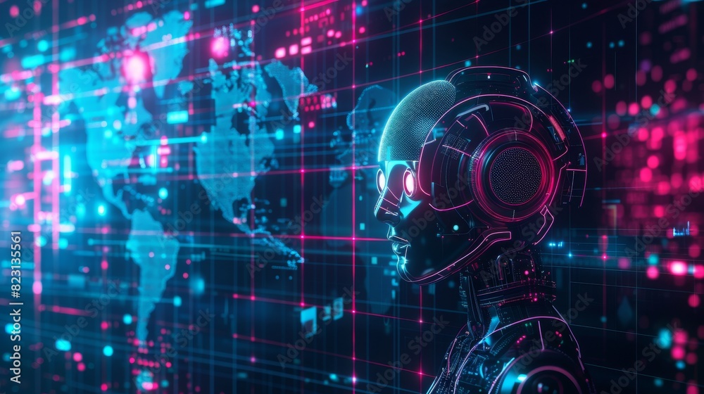 Poster robot or chatbot head hanging over digital map of the world for an artificial intelligence business 