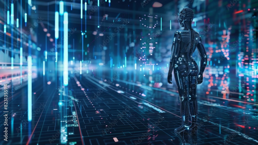 Poster a robot ai trader running on a business chart of a growing stock exchange market. a woman robot trad