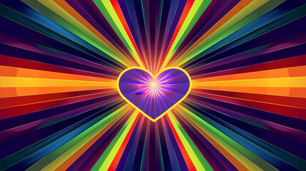 Obraz premium Pride flag colors in a starburst pattern with a glowing rainbow heart at the center, energetic and radiant design.