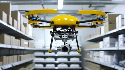 A bright yellow drone equipped with a camera navigates between warehouse shelves to conduct inventory tasks efficiently.