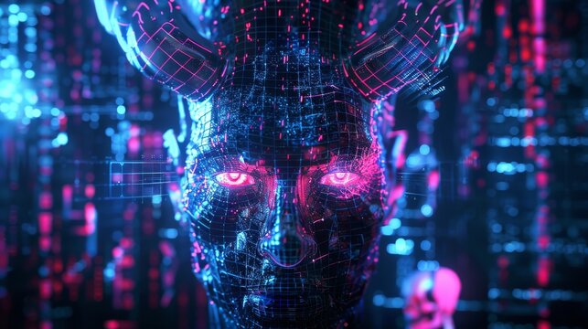 A scary robot face with horns. Spooky cyborg head. Cyber halloween party banner. Creepy robot with neon lights eyes.