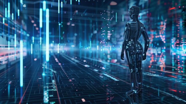 A robot AI trader running on a business chart of a growing stock exchange market. A woman robot trader on the forex market assisted by an AI. An automated trading system. Computer algorithms that