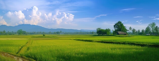 Serene Green Rice Fields with Mountain Background Panorama