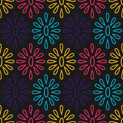 Seamless pattern with colorful outline flowers