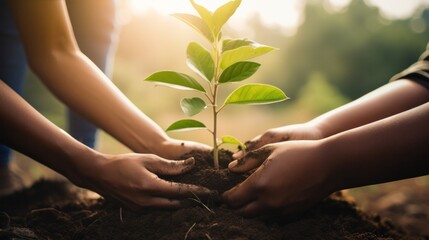 Group of people volunteering holding a sapling of a tree to be planted, to volunteer and save the world concept.