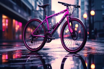 a purple bicycle on a wet street